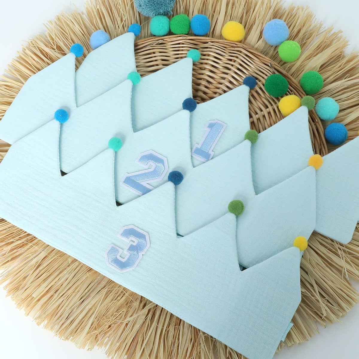 Muslin Crown Hat 1-3 Birthday For Baby Boy Girl Party Decoration Blue Pink Headband