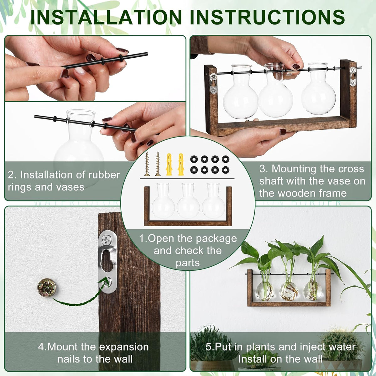 YIBOT Plants Propagation Stations,Plant Terrarium with Wooden Stand Wall Hanging Glass Planter