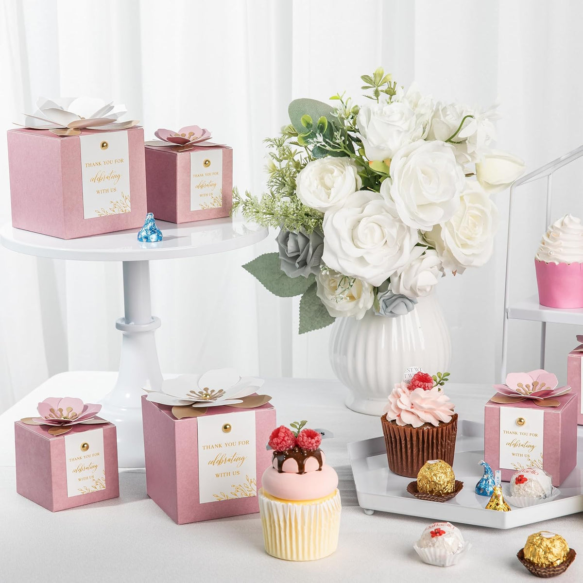 FEIYI 20 PCS Dusty Rose Gift Boxes, 3 In 1 Favor Boxes with Floral Decor, White Thank You Tags