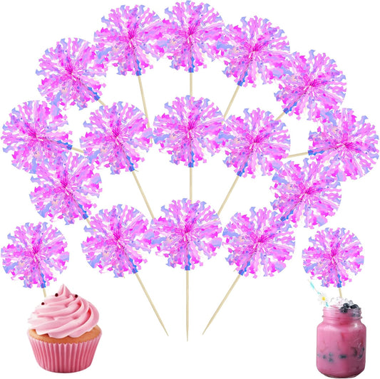 Ephlyn 30Pcs Foil Firework Cupcake Toppers Happy Birthday Cake Toppers Tinsel Flower Drink Stirrers