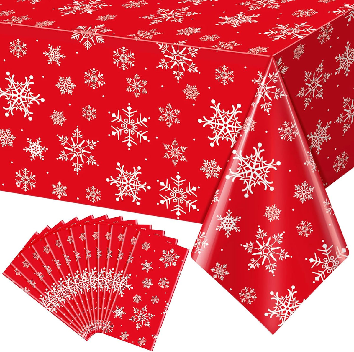 Jectivs 12 Pieces Christmas Snowflake Plastic Party Tablecloth Decorations,White Snowflake Red Xmas