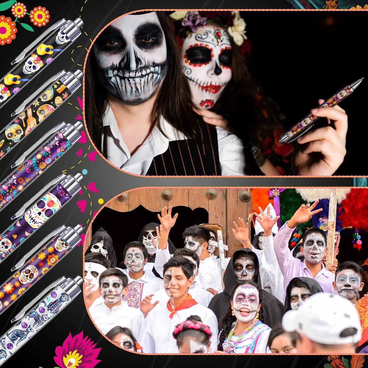 24 Pcs Day of the Dead Gifts Pens Dia De Muertos Party Favors Skull Ballpoint Pen Halloween Party