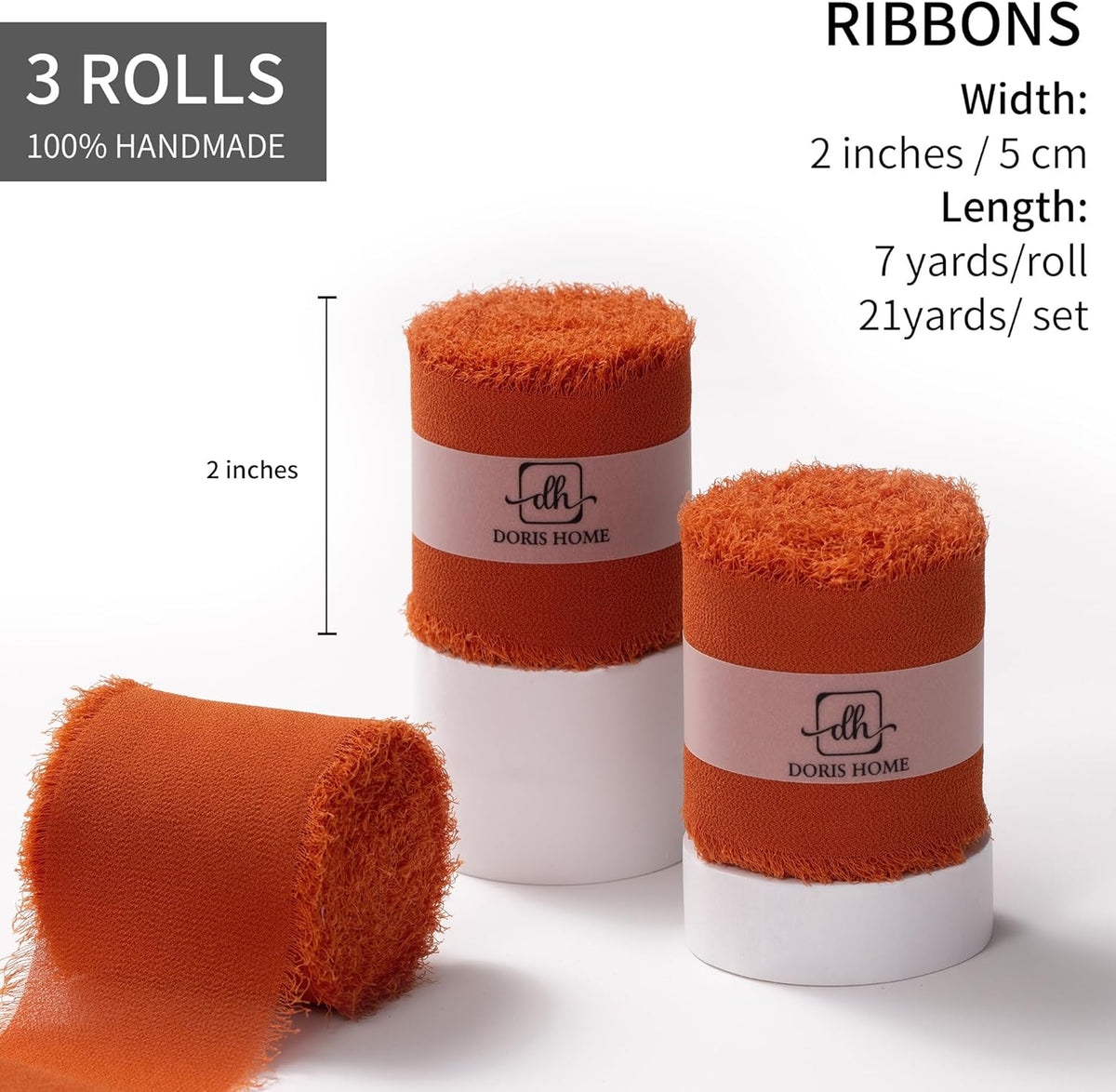 DORIS HOME Burnt Orange Chiffon Ribbon for Flower Bouquet, 2" x21Yd Fabric Ribbon for Gift
