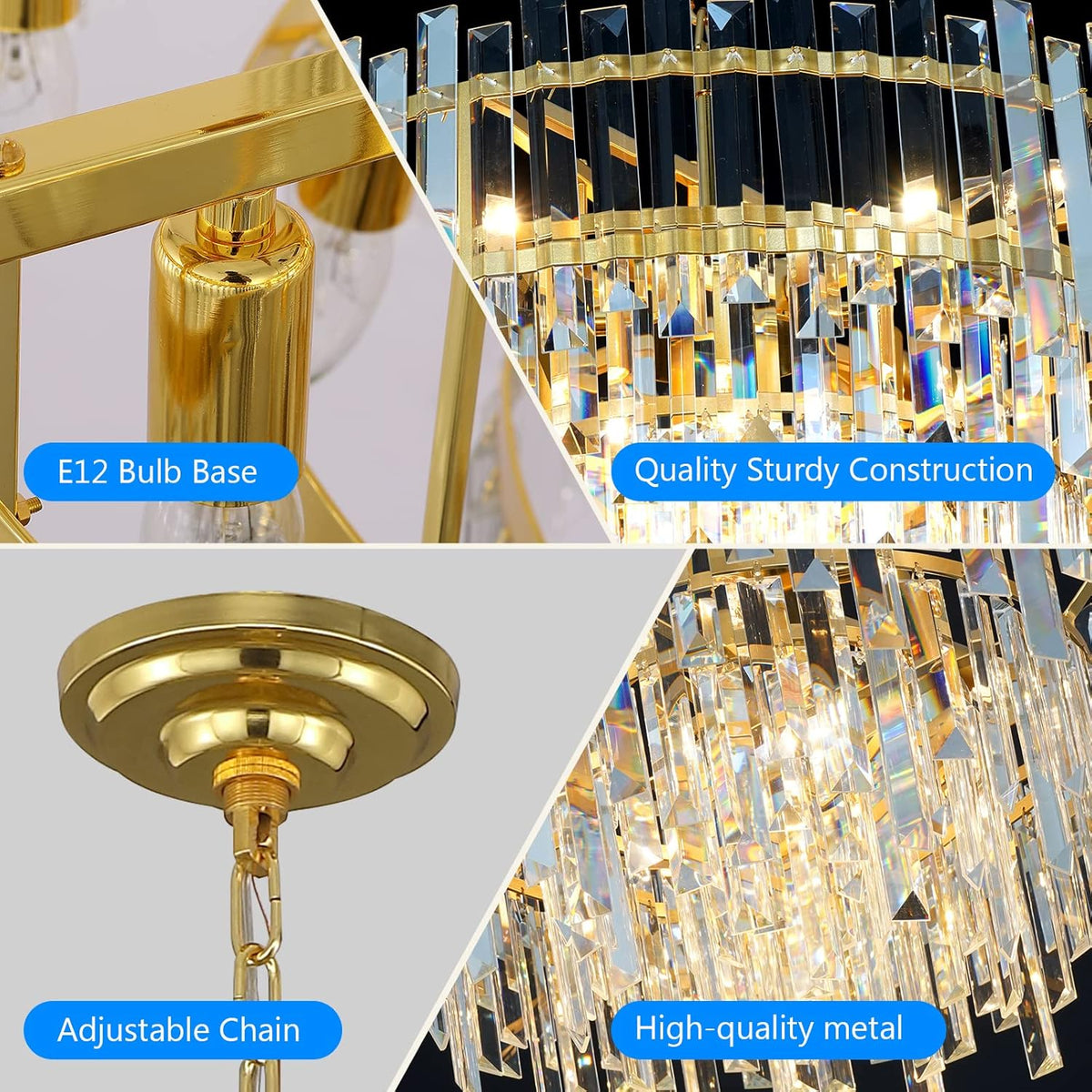 Gold Copper Crystal Chandelier Lighting 24'' for Dining Rooms Bedroom Foyer Entryway Ceiling