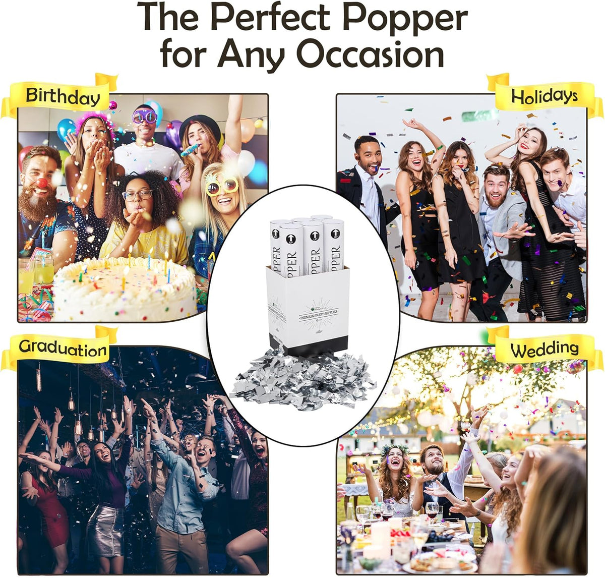 Confetti Cannon 12" – 6 Pack Silver Mylar Confetti Poppers | Party Poppers for Weddings, Birthdays