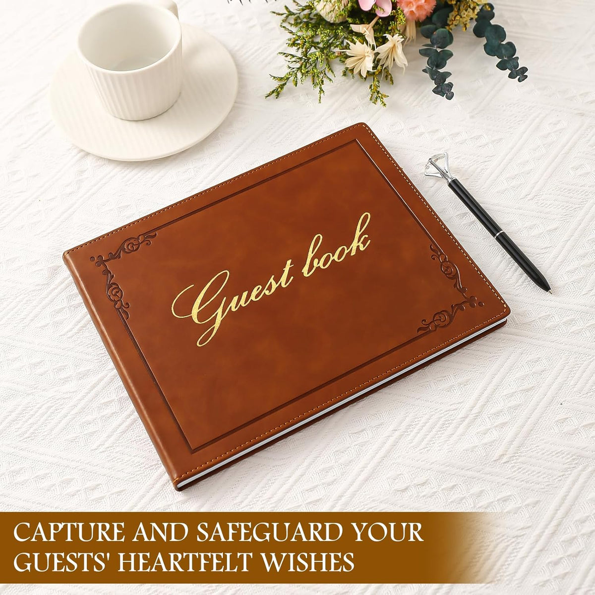8x10 Leather Guest Book and Standup Sign Set, Gold Foiled Cover Registry Book for Wedding