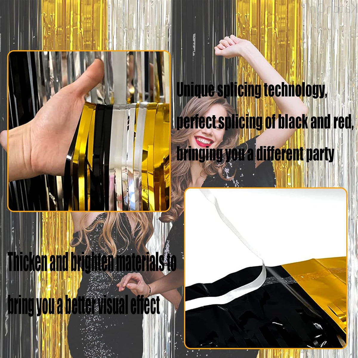 4 Pack Black Gold Silver Foil Fringe Curtain Backdrop, 3.28Ft x 8.2Ft Metallic Tinsel Foil Fringe