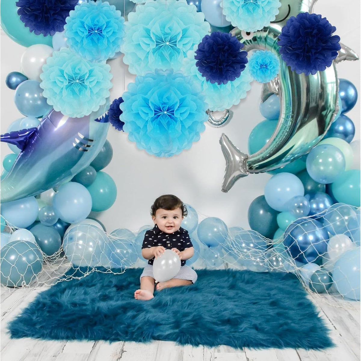 Tissue Paper Pom Poms, Blue Tissue Paper Flowers, Hanging Flower Balls for Weddings Fiesta Parties