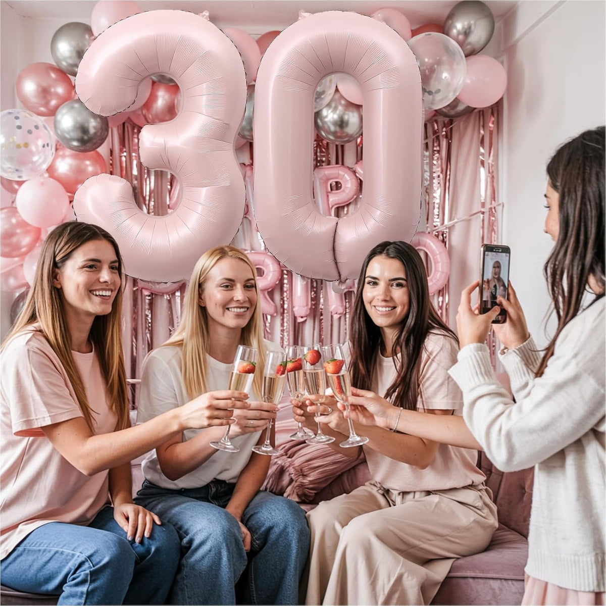 Light Pink 30th Birthday Balloon for Women, 40 Inch Self Inflating Mylar Number 30 Balloons, Big