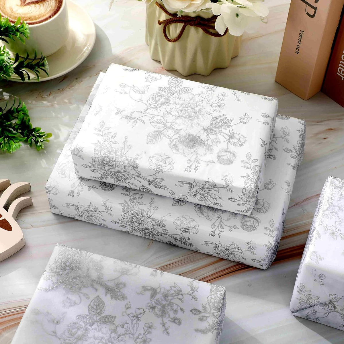 JarThenaAMCS 100 Sheets Floral Tissue Paper Silver Flower Gift Wrapping Paper Vintage Decorative