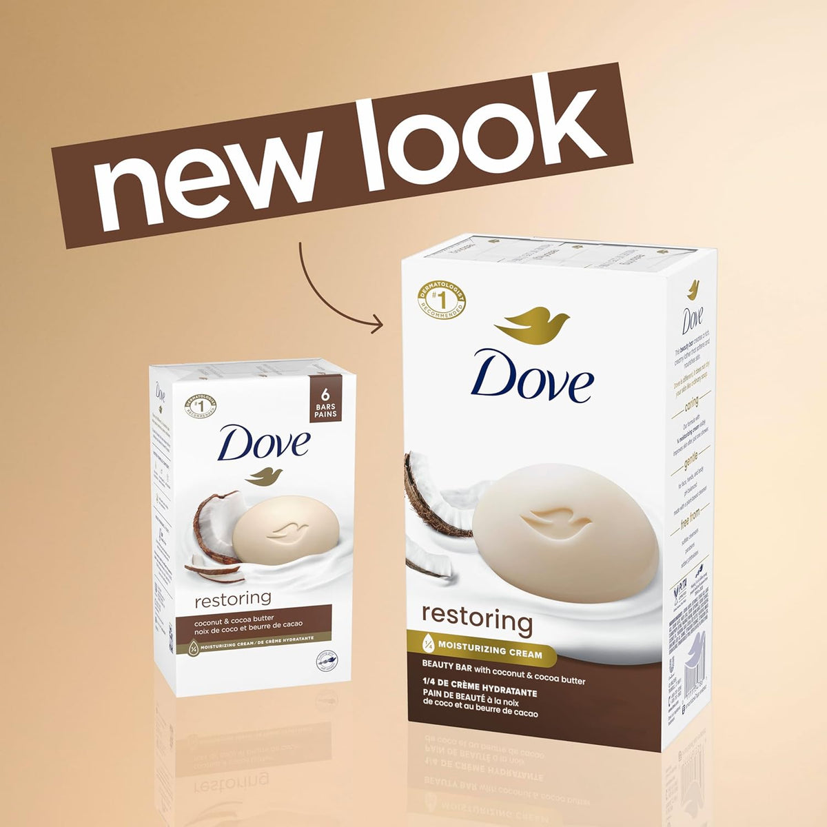 Dove Beauty Bar Soap Restoring Coconut & Cocoa Butter 6 Count for Restored Skin, Nourishes Skin