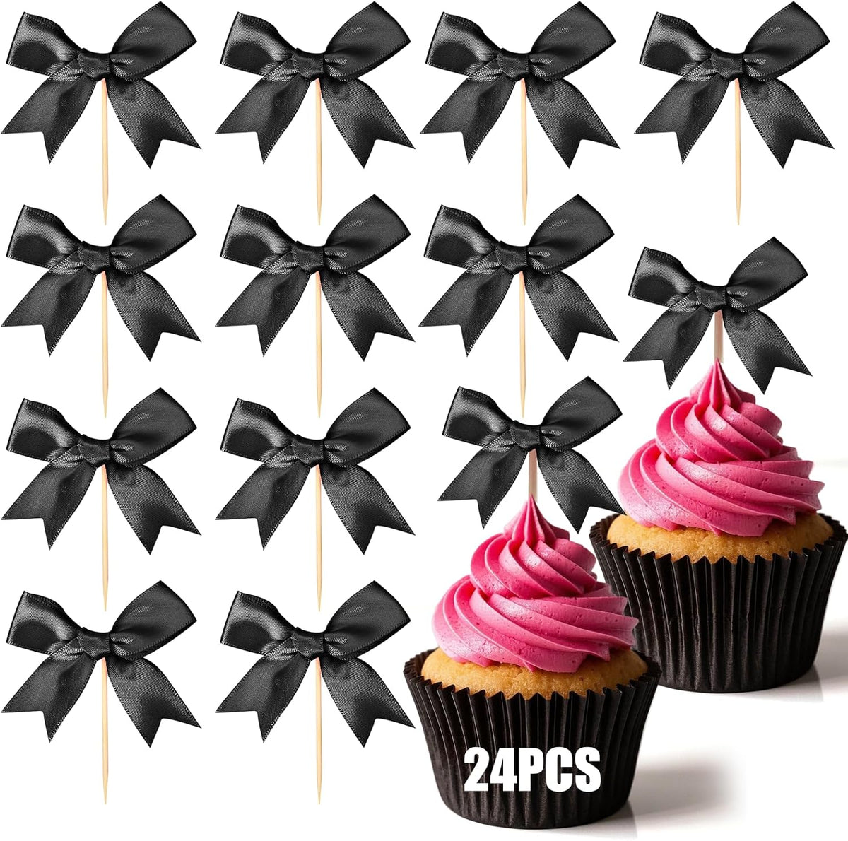 24Pcs Bow Cupcake Toppers - Black Bow Cake Topper Birthday Decorations, Bowknot Cupcake Picks for