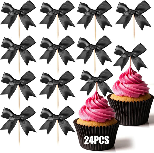 24Pcs Bow Cupcake Toppers - Black Bow Cake Topper Birthday Decorations, Bowknot Cupcake Picks for