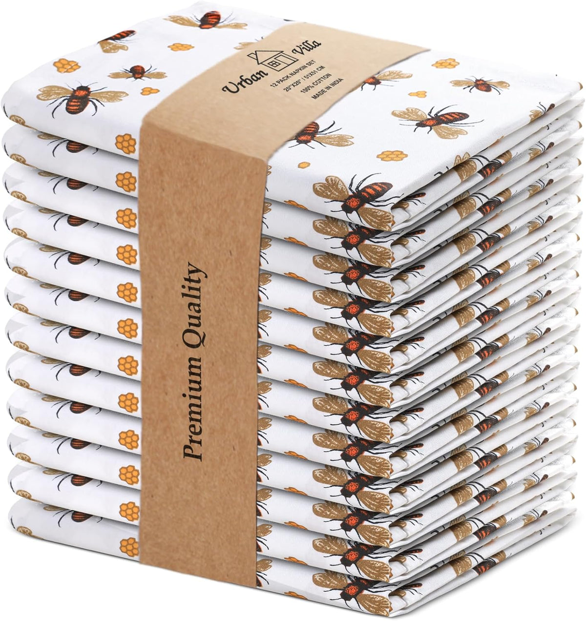 Urban Villa Dinner Napkins Honey Bee Print Cloth Napkins (Set of 12) Oversized 20x20 Inches 100%