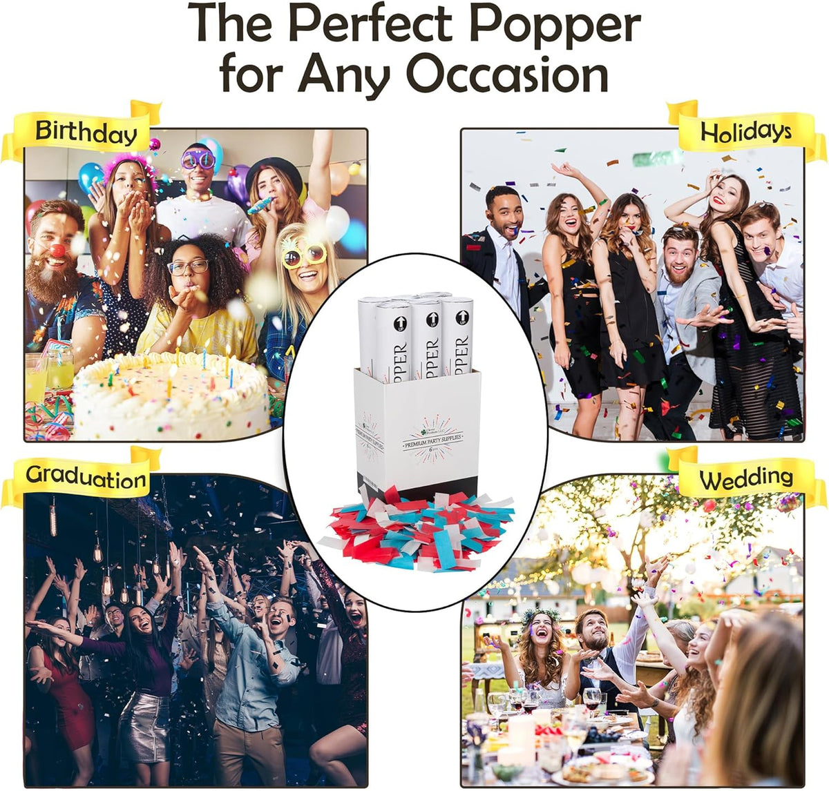 Clover Products Confetti Cannons 6-Pack – Biodegradable Red, White & Blue Party Poppers Launch 25