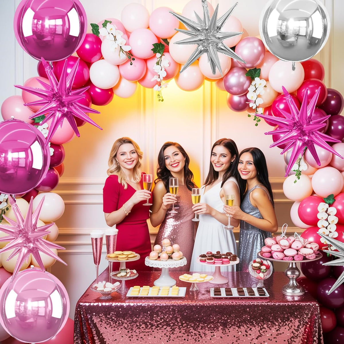 6Pcs Pink Silver Foil Balloons,22Inch Hot Pink Silver 4D Round Ball Balloon and Explosion Star