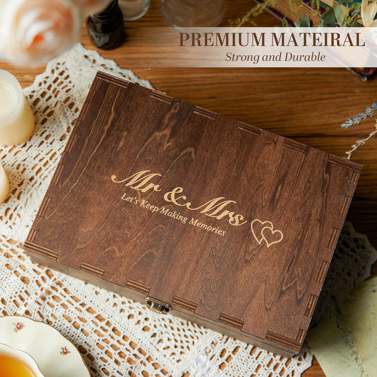 AW BRIDAL Wedding Keepsake Box with Lids, Mr and Mrs Engraved Wood Memories Box for Storage, Bridal