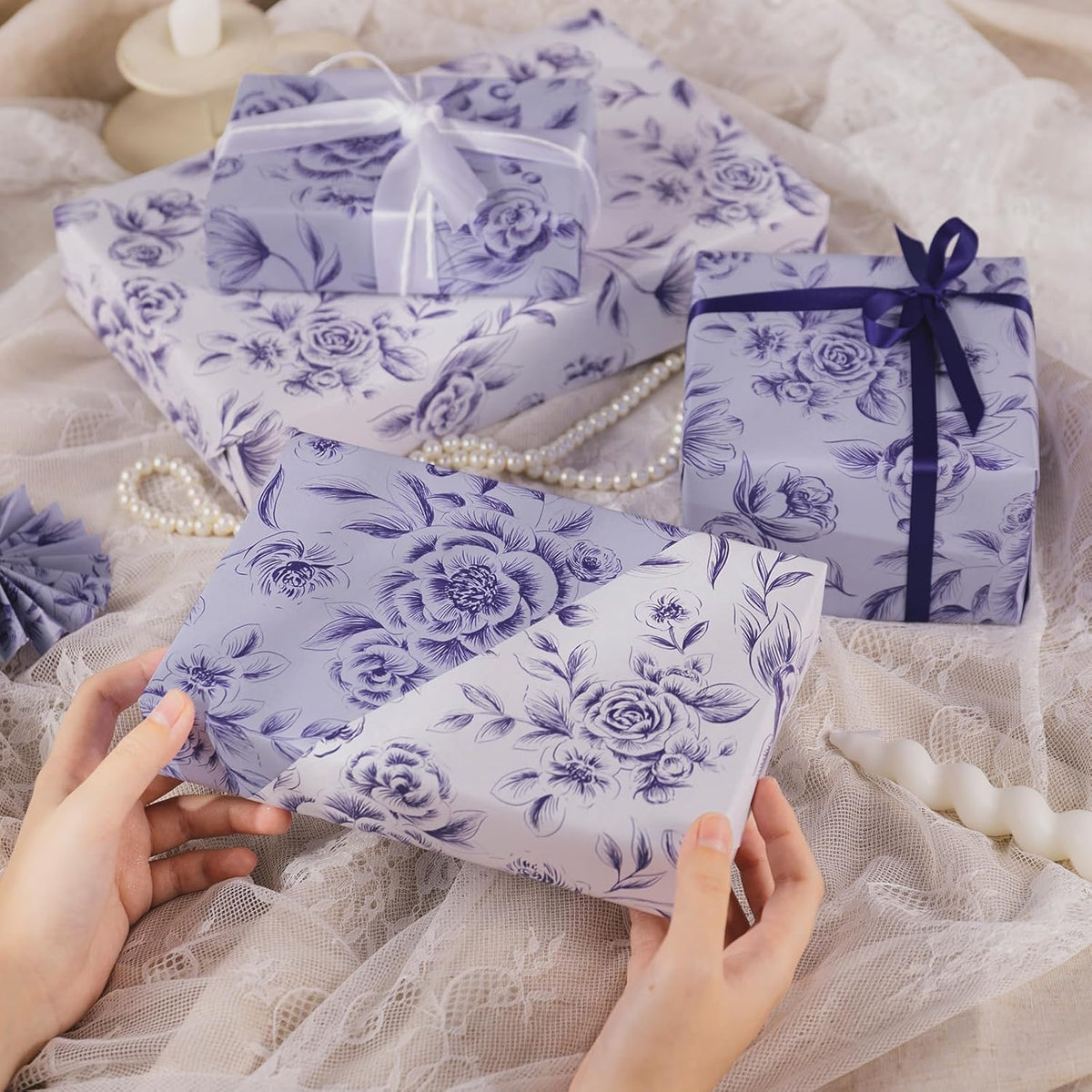 WRAPAHOLIC Jumbo Reversible Floral Wrapping Paper Roll - 30 Inch x 33 Feet - Purple Flower Wrapping