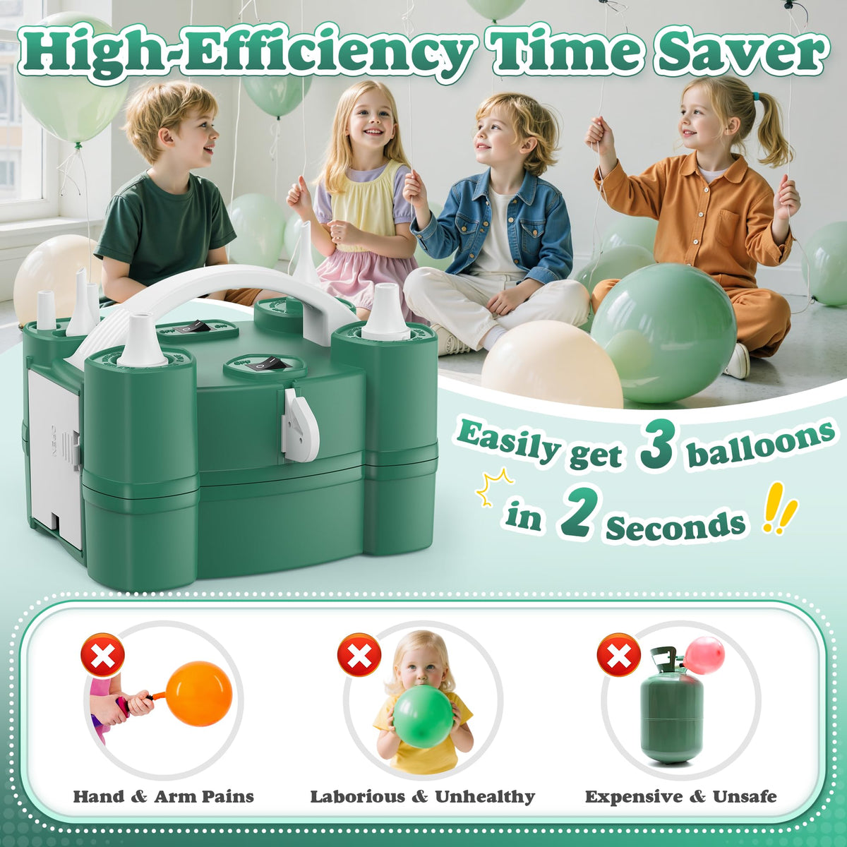 Balloon Pump 4-in-1 Electric Balloon Inflator with Triple Inflating Ports for All Balloons Air