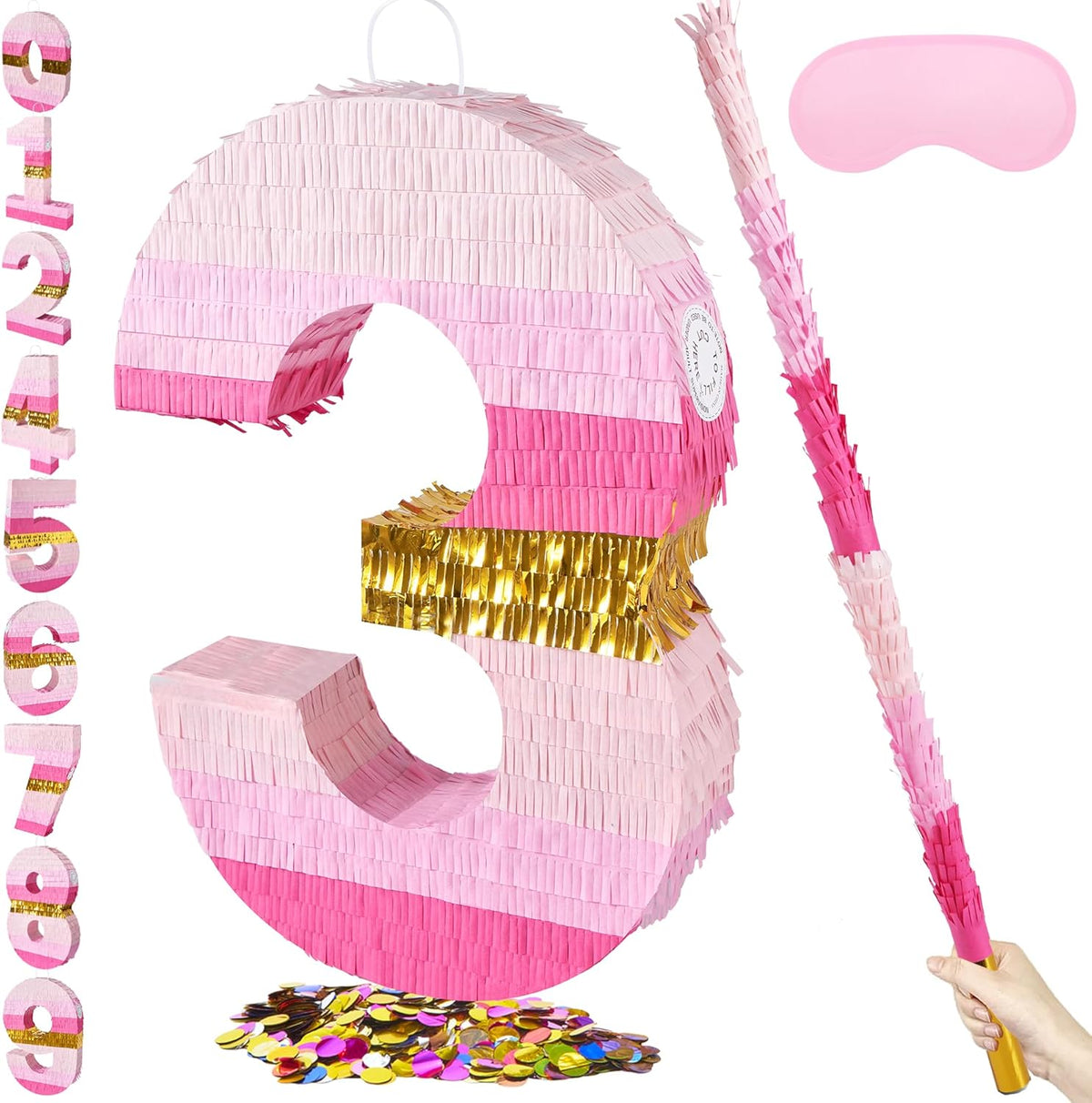 PCFING 20 Inch Number 3 Piñata Pink Gold with 30 Inch Piñata Stick Blindfold Confetti for Boys