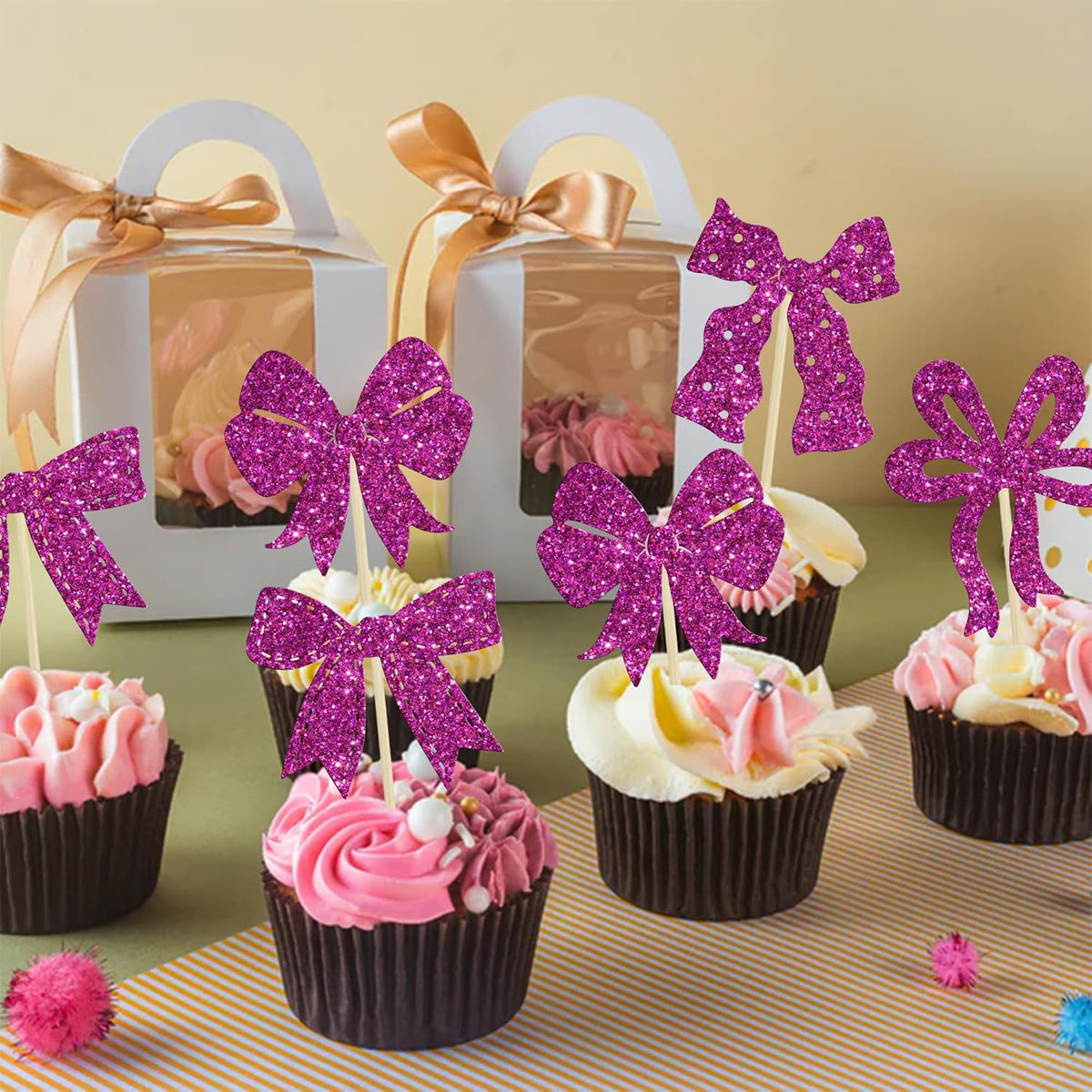 Ephlyn 24Pcs Bow Cupcake Toppers Bow Birthday Cake Topper Girls Birthday Party Decorations Bowknot