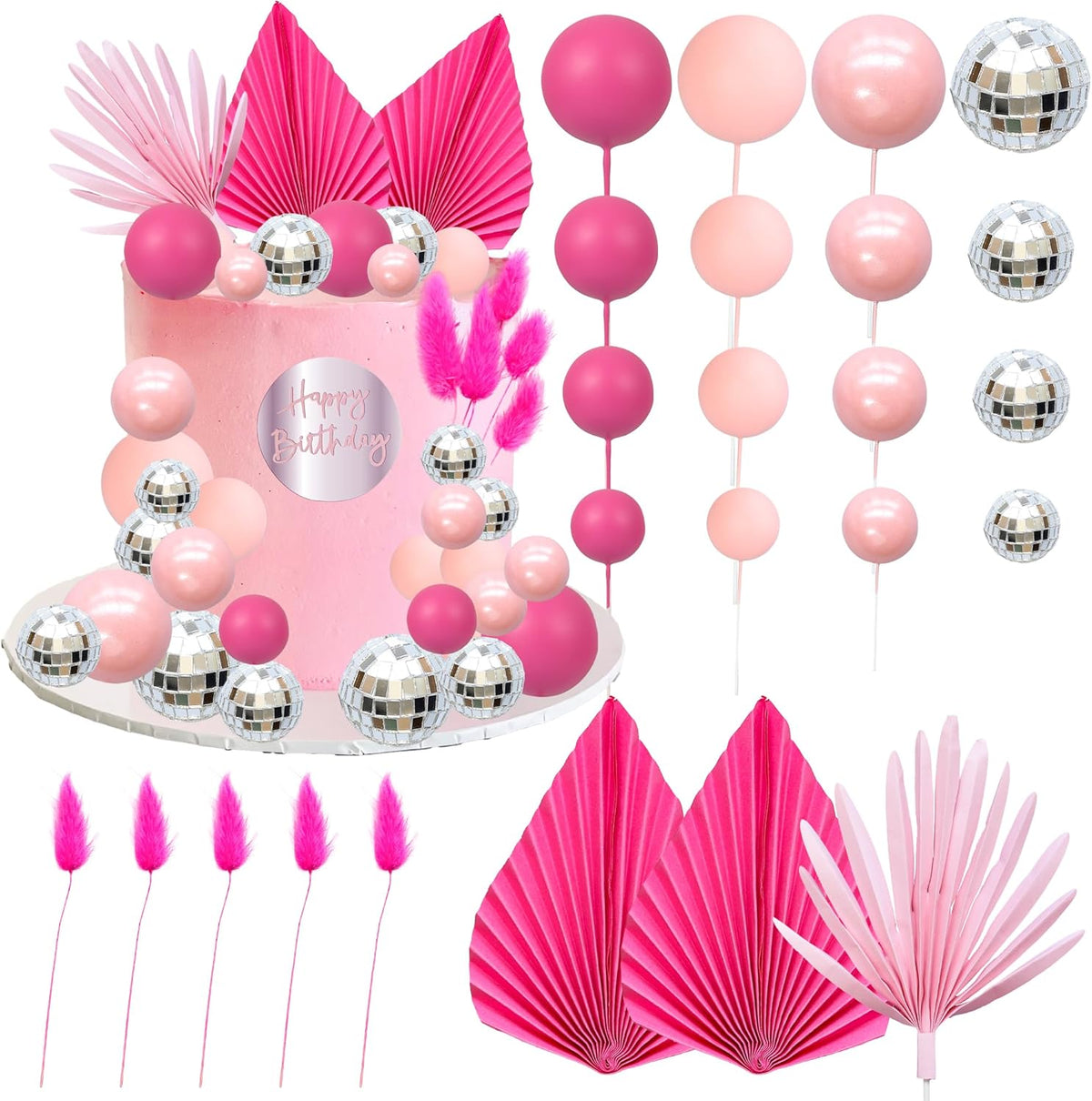 Ephlyn 33 Pack Balls Cake Toppers Boho Palm Leaves Cake Decorations Round Acrylic Happy Birthday