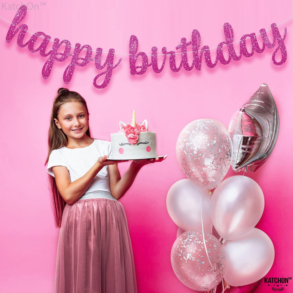 KatchOn, Glitter Pink Cursive Happy Birthday Banner - Pre-Strung, 10 Feet | Birthday Decorations