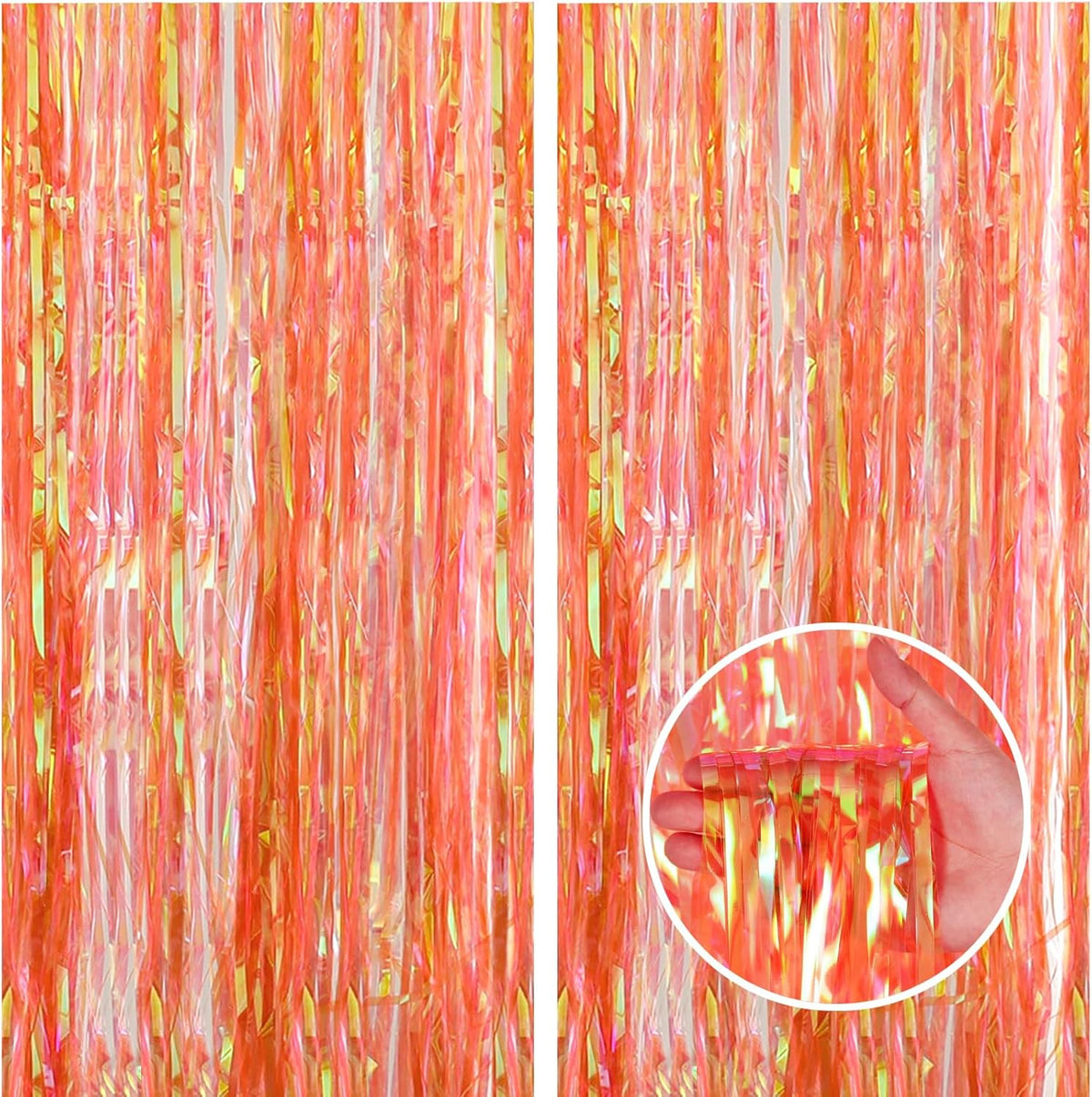 CANREVEL 2 Pack 3.2x6.5 Feet Iridescent Foil Fringe Backdrop Curtains, Clear Orange Tinsel Photo