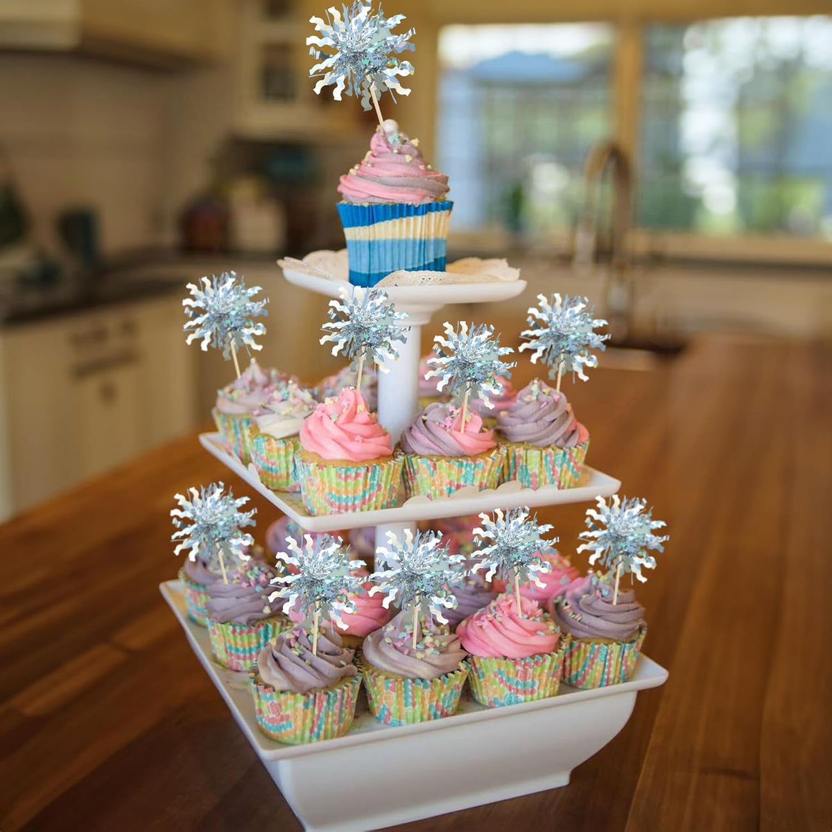 Gyufise 30Pcs Foil Firework Cupcake Toppers Sparkle Tinsel Cake Toppers Tinsel Drink Cake