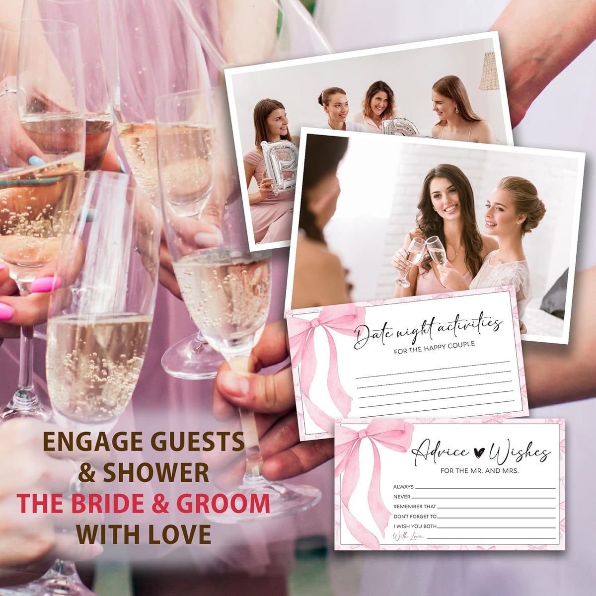Pink Bow Advice and Wishes for the Mr and Mrs - 50 Packs Wedding Advice Cards Bridal Shower Game