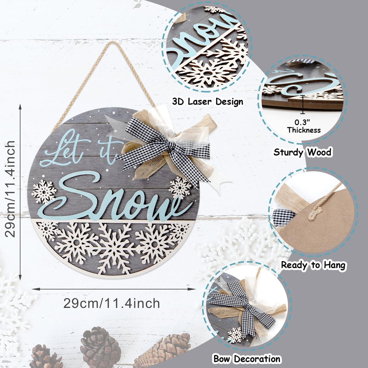 CHDITB Let It Snow Winter Decoration Sign(11.4”x11.4”), 3D Snowflake Xmas Winter Front Door Sign