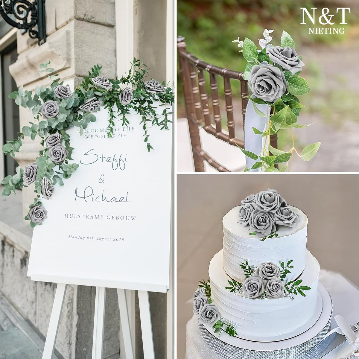 N&T NIETING Artificial Rose, 25pcs Gray Fake Foam Flowers with Stems for Wedding Party Baby Shower