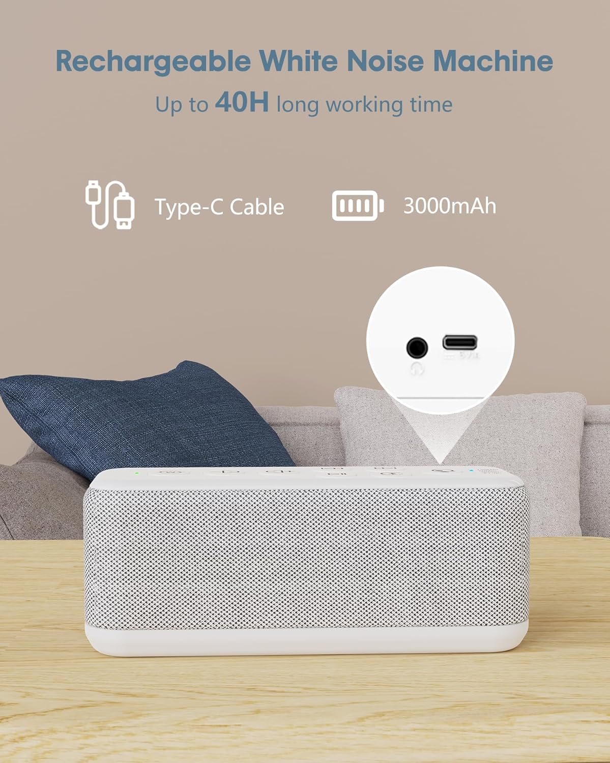 White Noise Sound Machine with Bluetooth,3000mAh Battery Powered,40H Long Lasting,Hi-Fi