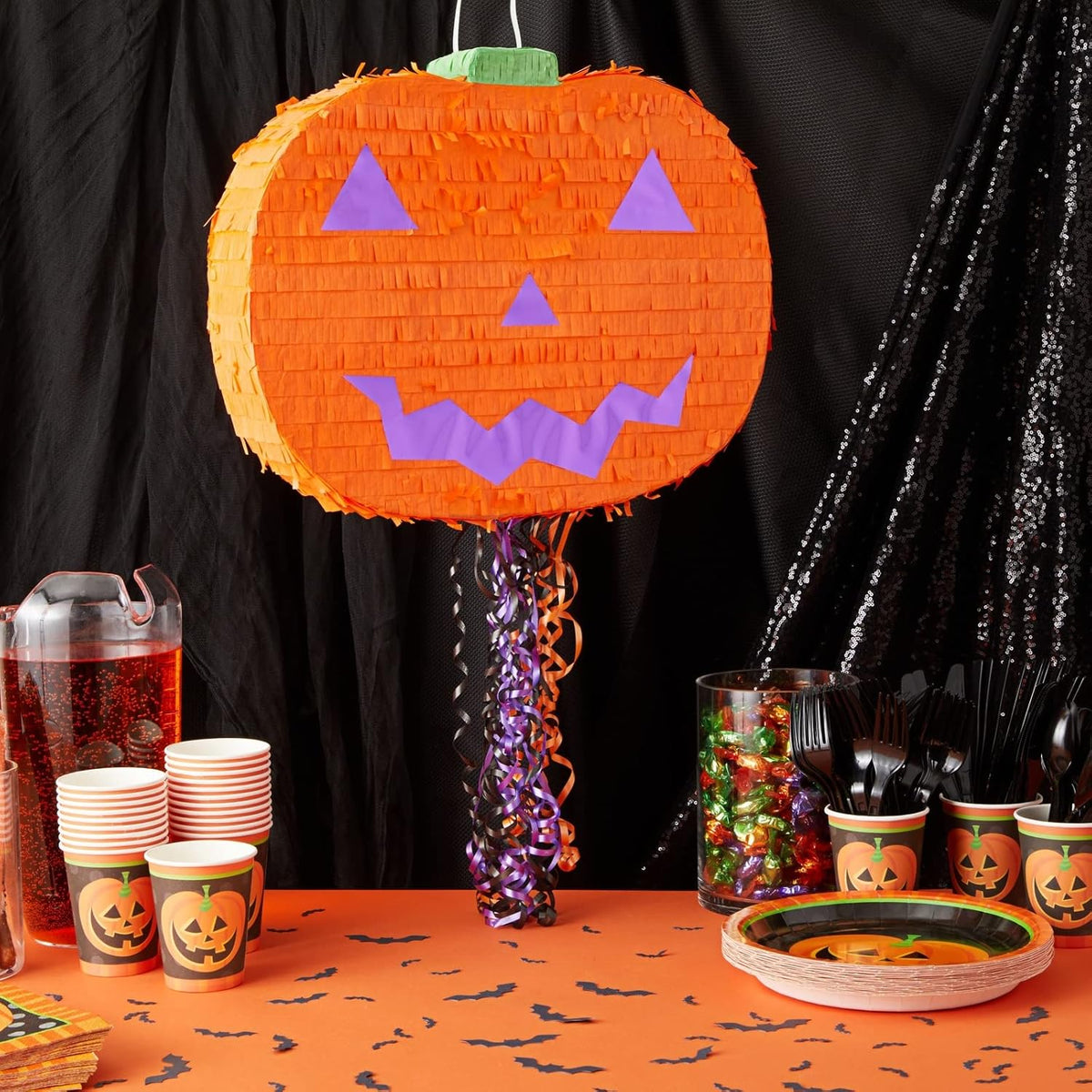 Halloween Pinata Jack-O-Lantern Pumpkin - 17 x 13 x 3 in, Orange, Corrugated Paper - 3 Pull Strings