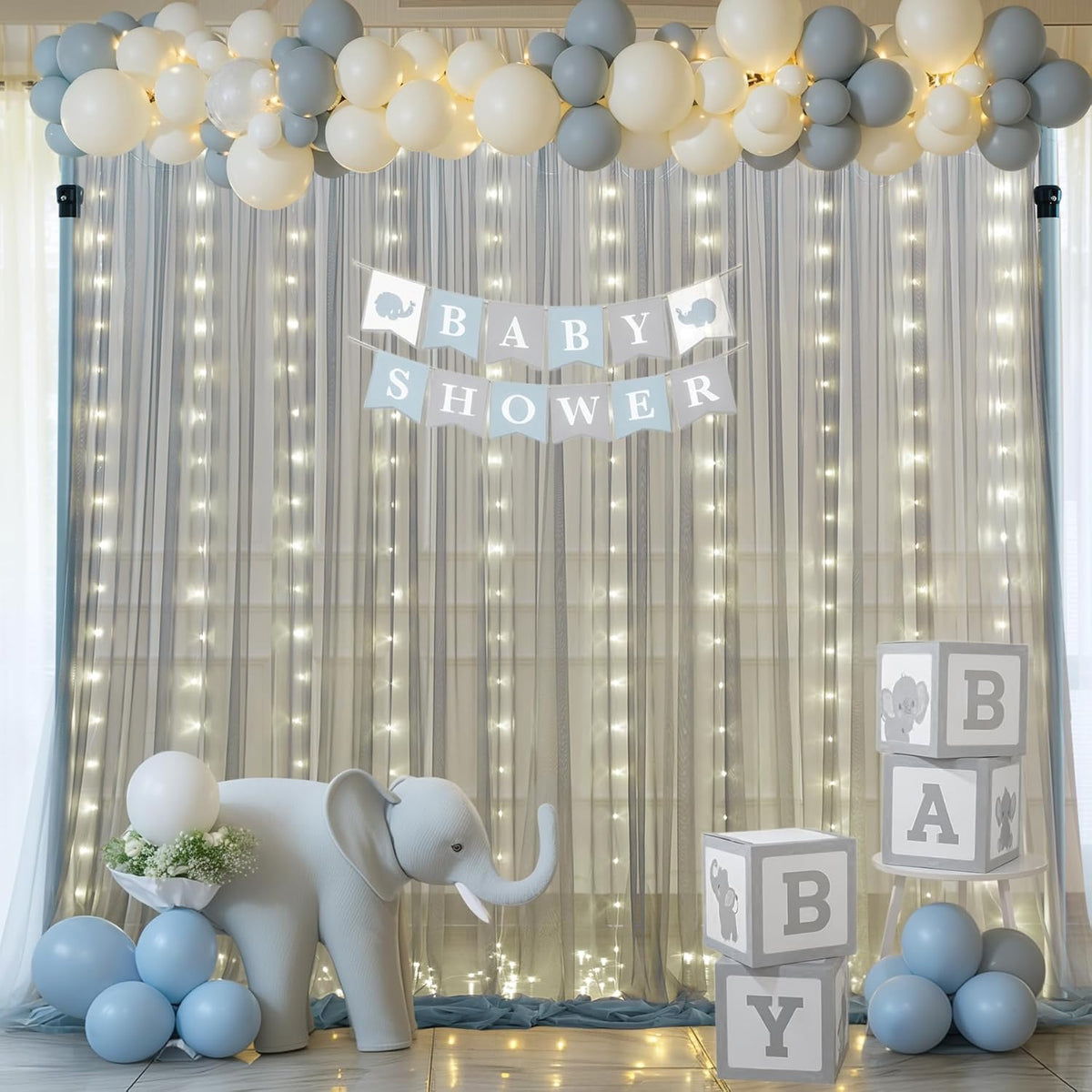 Silver Grey Tulle Backdrop Curtain with Lights String for Parites 10x8ft Sheer Backdrop Curtains