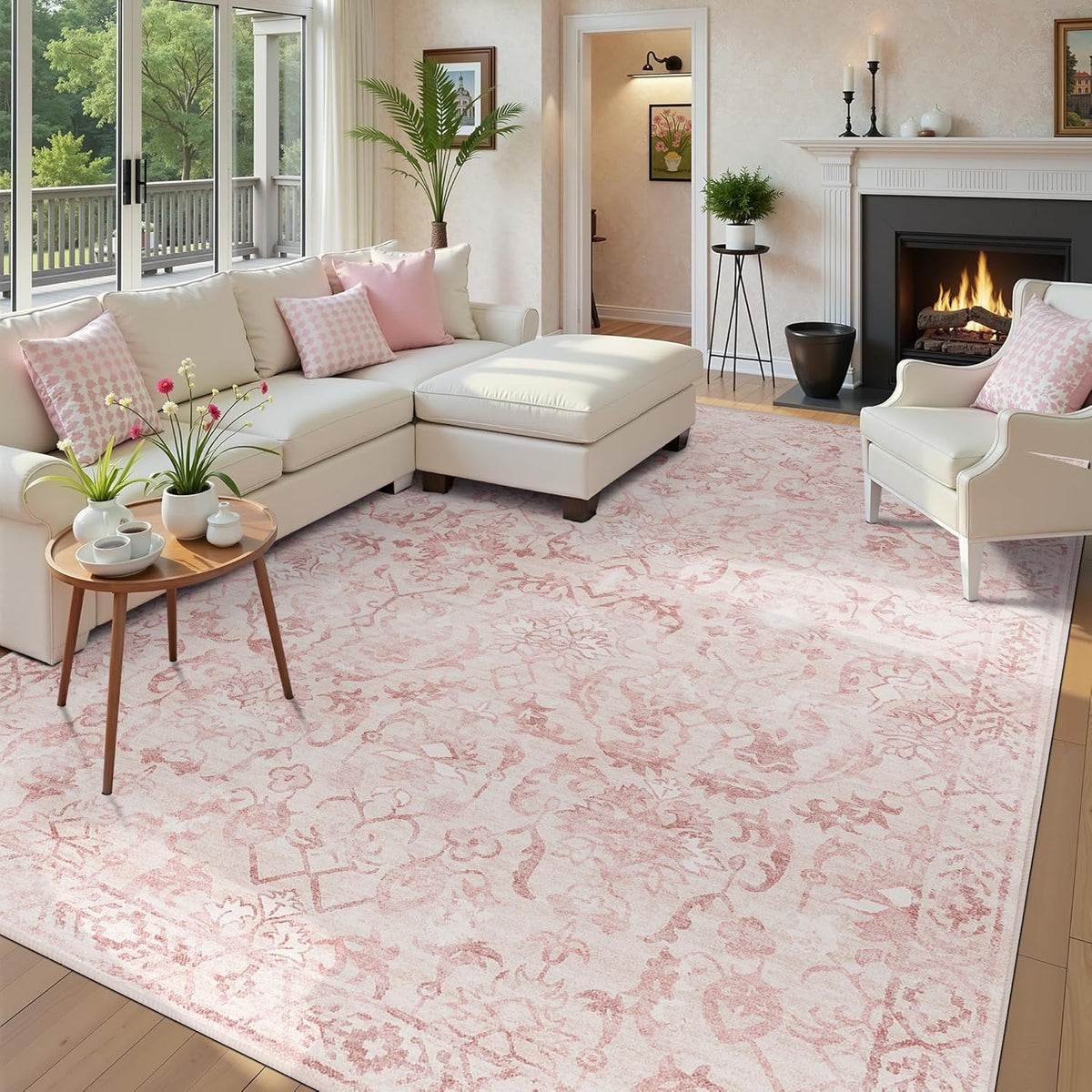 Pink Area Rugs 7x9 for Living Room, Washable Vintage Rugs for Bedroom, Distressed Throw Rug, Non