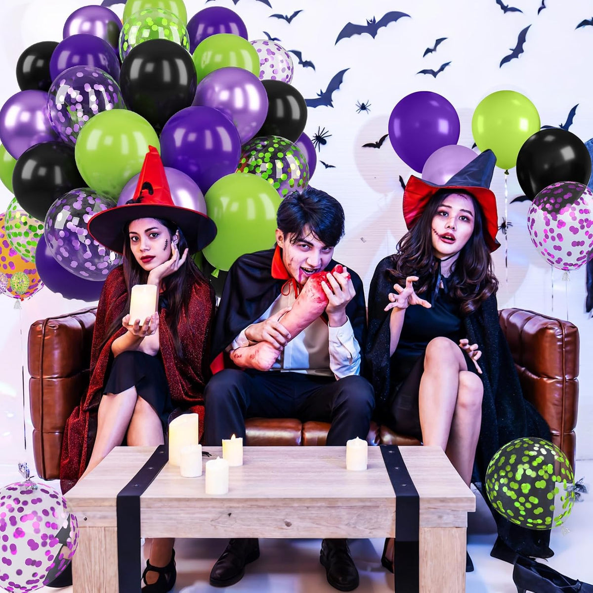 Purple Green Balloons, 12 Inch Halloween Balloons Set, Matte Black Fruit Green and Metallic Purple