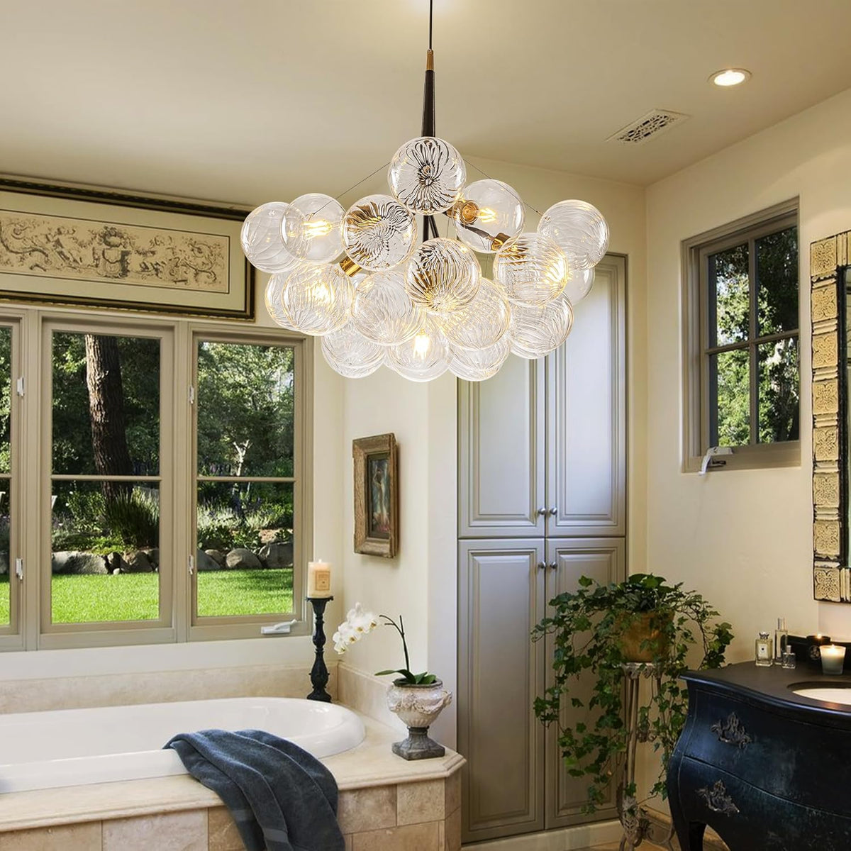 Modern Bubble Ball Swirled Glass Chandelier, Dia 24 inch Black and Clear Globe Blown Glass Small