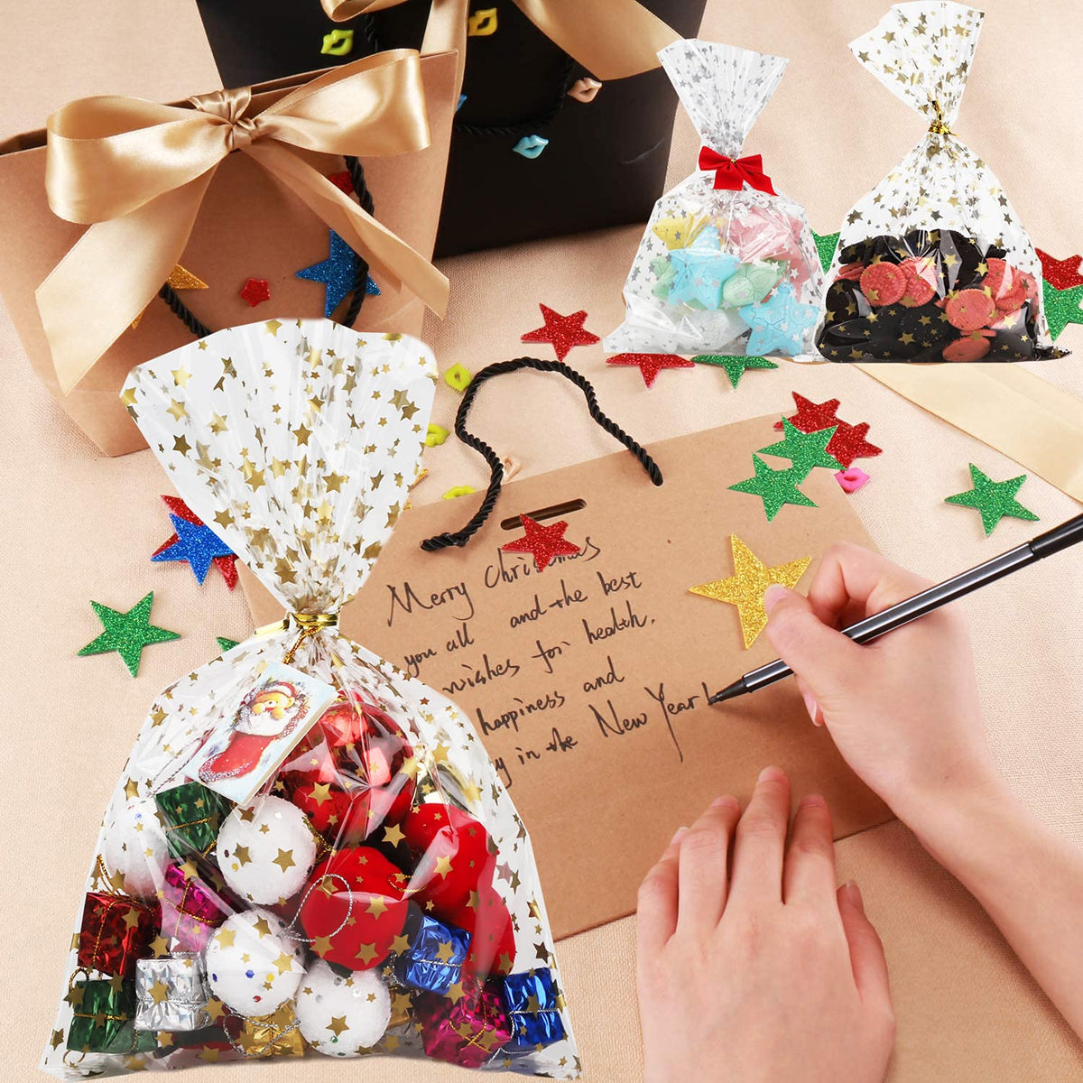 COQOFA 100 Pcs Star Printed 5"X 7" Gift Wrap Cello Cellophane Treat Bags Party Favor bags Clear
