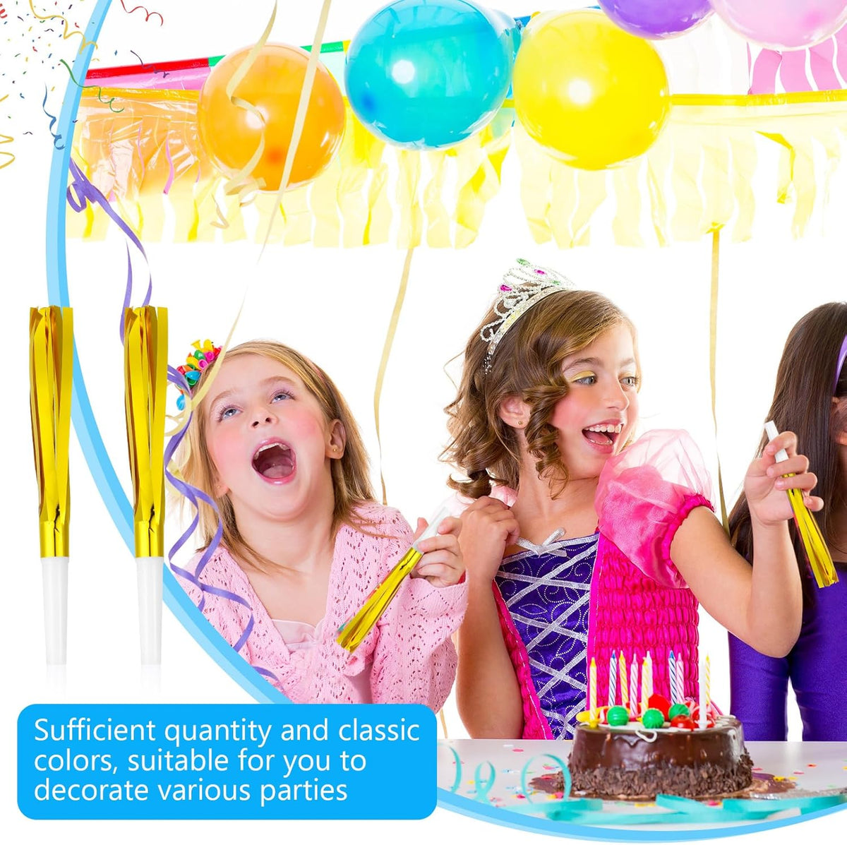 48 Pcs Gold Noise Makers Glitter Metallic Fringed Noise Makers Horns for Baby Shower, Kids