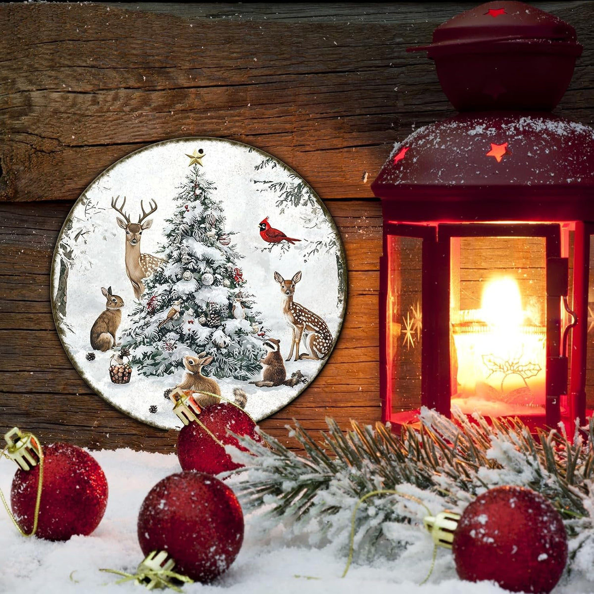 Round Christmas Snow Animals Metal Tin Sign - Vintage Christmas Tree & Winter Sign for Home &