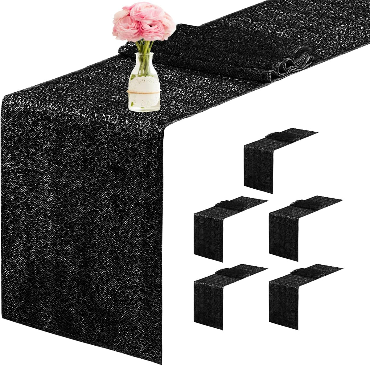 6 Packs 12 x 72 inches Sequin Table Runner, Black Glitter Table Runner for Birthday Party Supplies