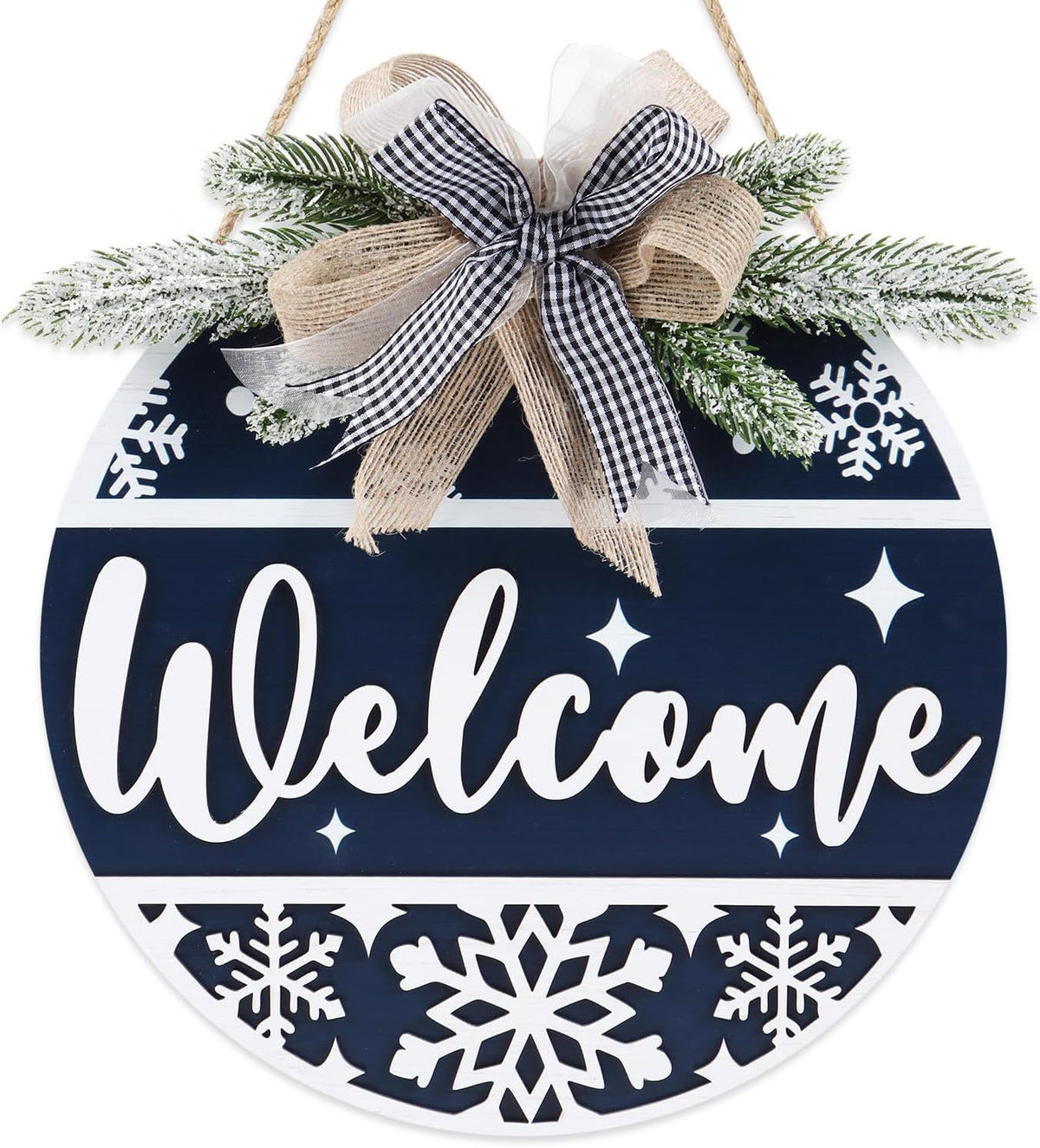 CHDITB Blue Welcome Winter Front Door Sign Wreath(11.4”), Wooden 3D Welcome Home Decoration Wall