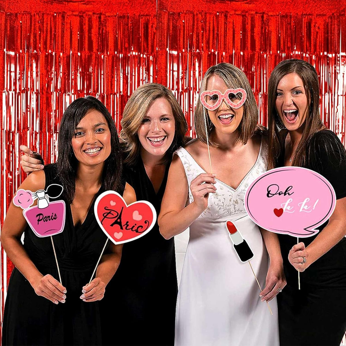 4 Pack Red Tinsel Foil Fringe Curtain Backdrop, 3.28Ft x 8.2Ft Metallic Streamers for Photo Booth