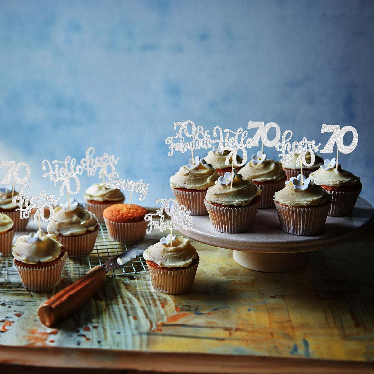 30Pcs Happy 70th Birthday Cupcake Toppers Seventy Cheers to 70 Years Old Birthday Cupcake Picks for