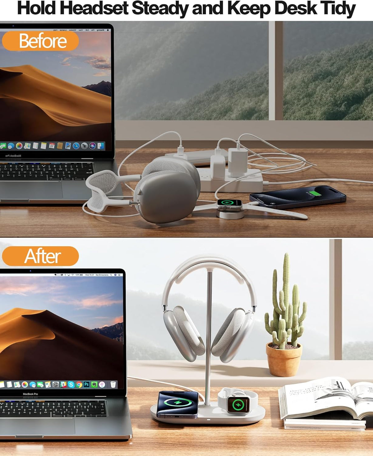Universal Headphone Stand, Magnetic Wireless Charger for iPhones/AirPods/iWatch, Aluminum Alloy