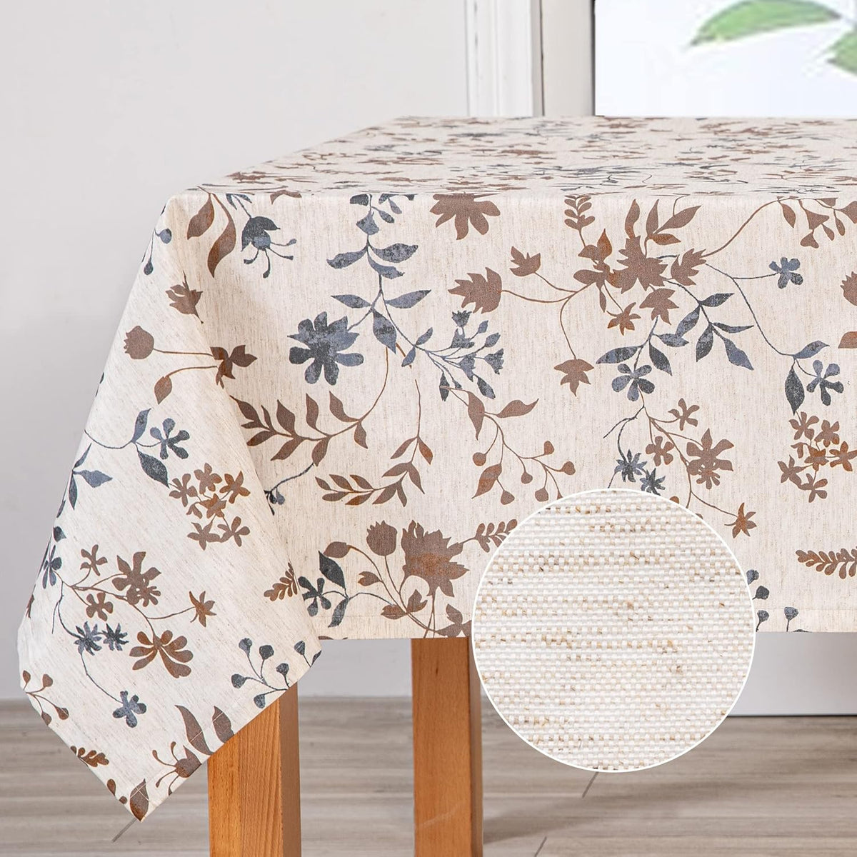 MYSKY HOME Rustic Tablecloth Classic Brown Leaves Printed Linen Fabric Table Cover Waterproof