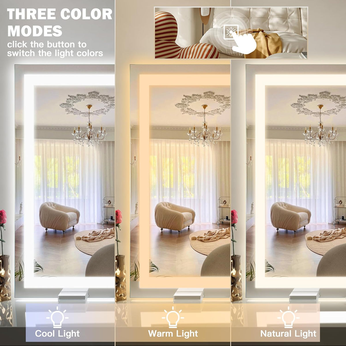 38"x28" Inch Large Lighted Vanity Mirror, 3-Color Lighting & Dimmable Modes, LED Makeup Mirror for