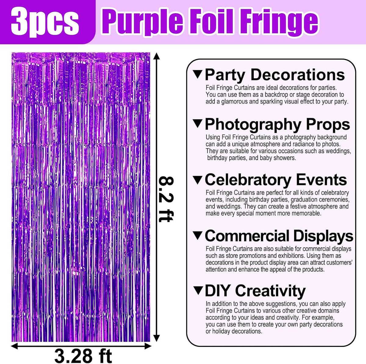 3 Pack Purple Foil Fringe Curtain Backdrop, 3.28Ft x 8.2Ft Metallic Tinsel Foil Fringe Streamer