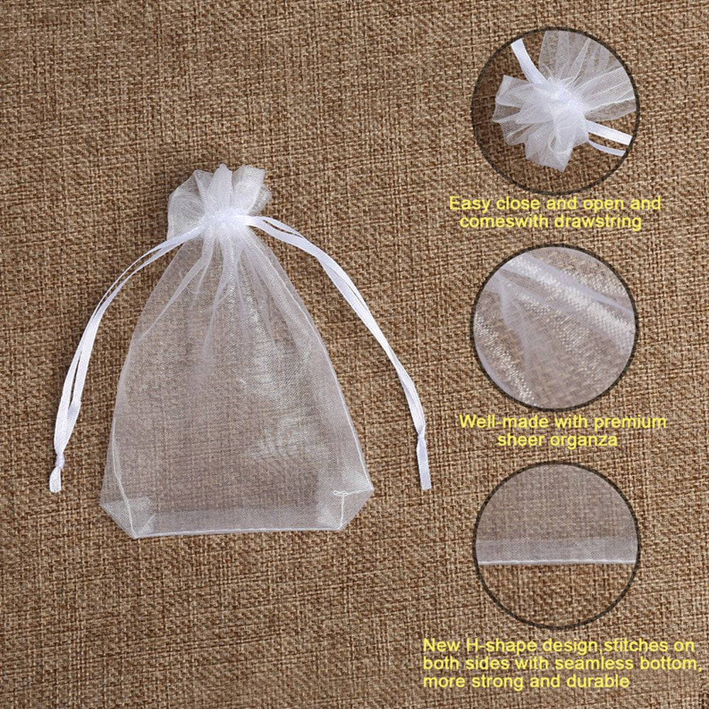 Hopttreely 100PCS Premium Sheer Organza Bags, White Wedding Favor Bags with Drawstring, 4x4.72